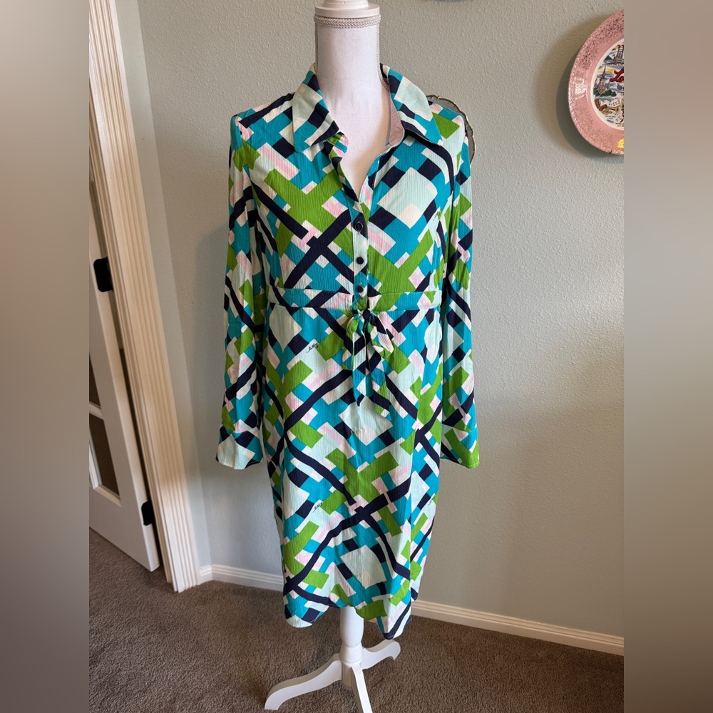Lilly Pulitzer Geometric Patterned Long Sleeve Dress with Waist Tie Size 8